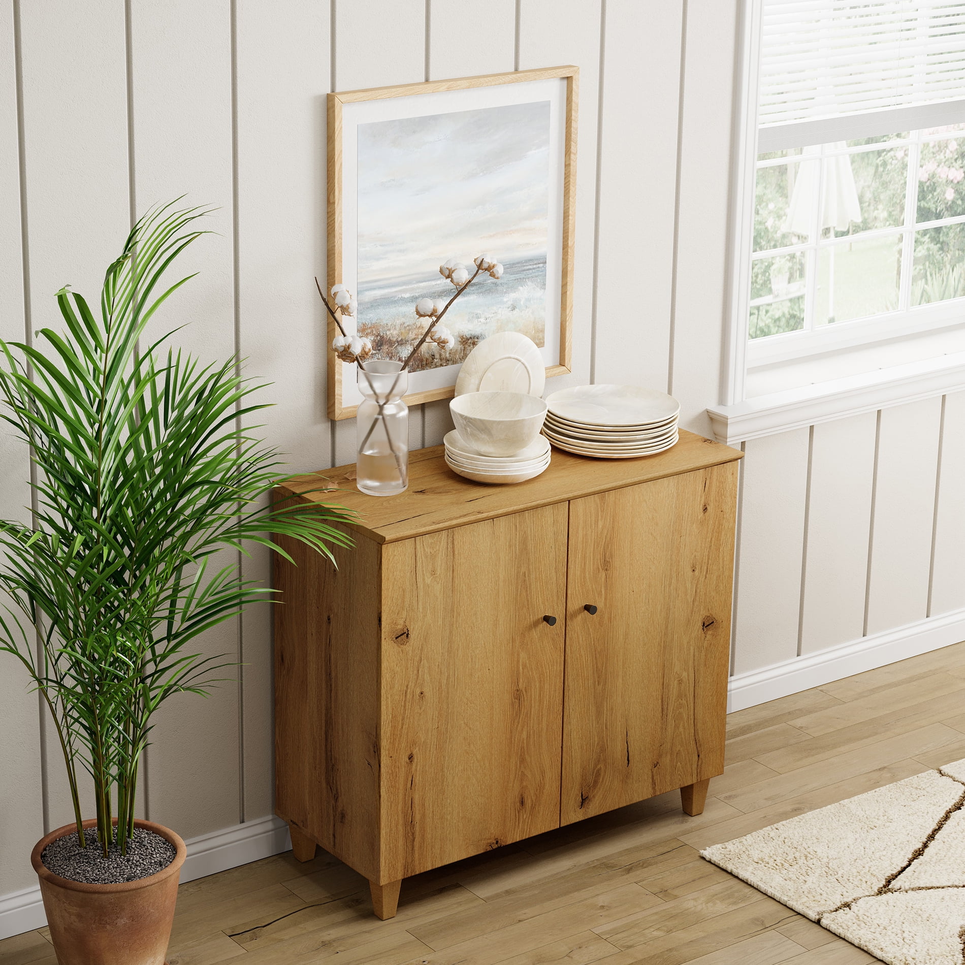 Sideboard Buffet Cabinet with 3 Compartments, 35.4" Wide, Oak Brown Wood Finish