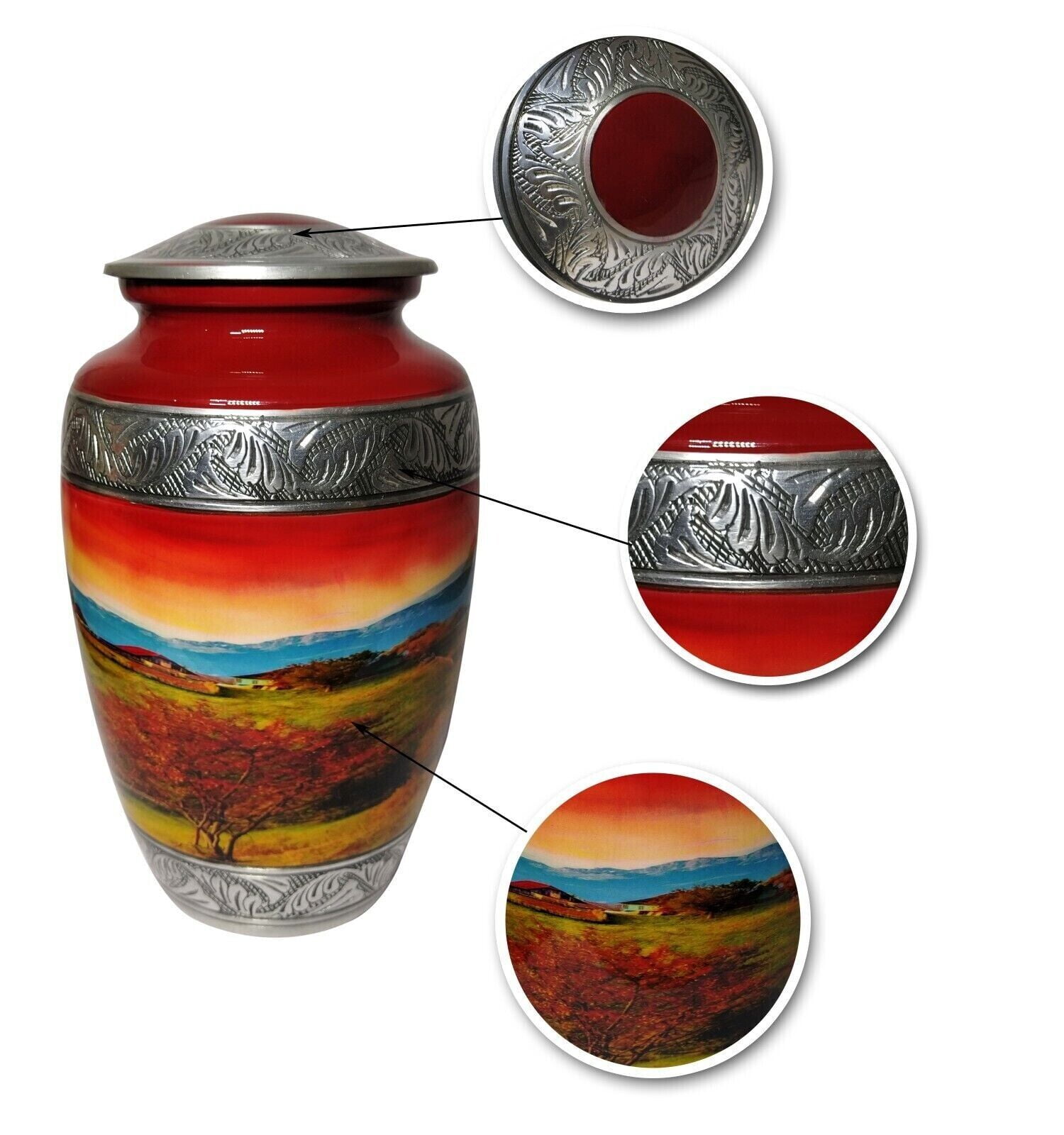 Red theme Cremation Urn Engraved Aluminium Funeral Burial Jar For Human And Pet Ashes Large size
