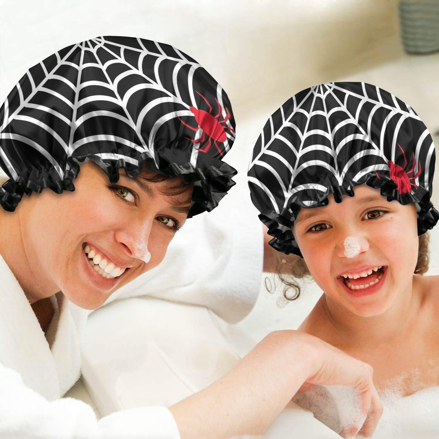Shower Caps,Black Halloween Spider Webs Waterproof Shower Cap for Women 4 Pieces,Double Reusable Hair Cover for Shower PEVA Elastic Stretch Hem