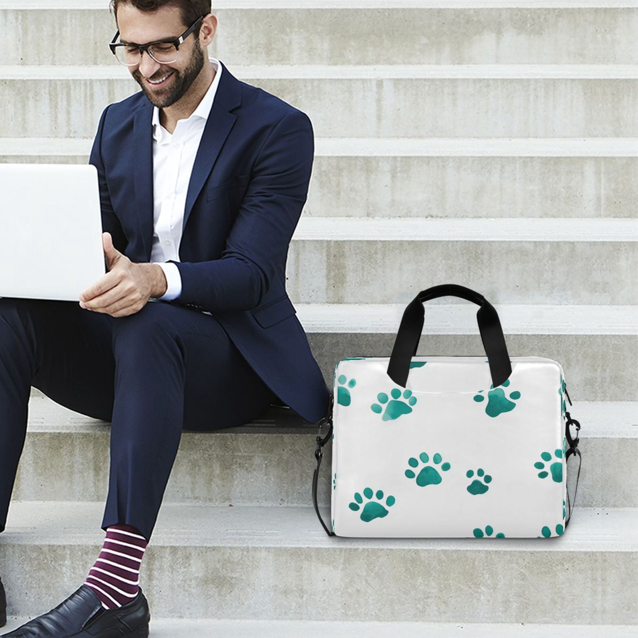 16" Laptop Tote Bag Laptop Sleeve Case Computer Briefcase for Work & Travel Teal Dog Paw Prints