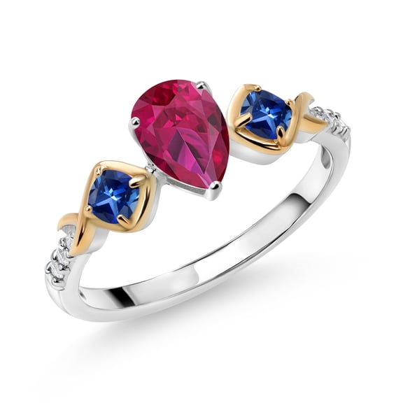 Gem Stone King 1.31 Ct Red Created Ruby Blue Created Sapphire 925 Silver and 10K Yellow Gold Ring (Size 8)