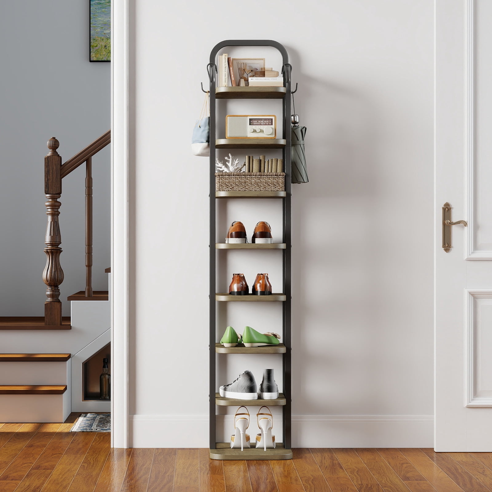 8 Tier Vertical Shoe Rack, Narrow Shoe Storage Organizer with Adjustable Shelves and 2 Hooks, for Small Spaces Entryway Living Room Bedroom