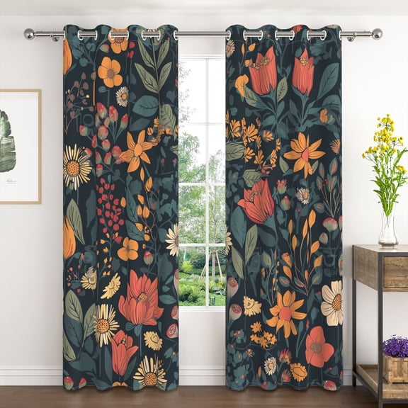 Lfeey Room Darkening Black Floral Blackout Curtains, Grommet Top Window Drapes for Bedroom/Living Room, 63 inch length 2 Panels Set