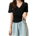 thumbnail image 3 of Women's Summer Short Sleeve Sloping Shoulder Top Shirt Blouse Round Neck Solid Color Casual Daily Wear Vacation Beach Fashion Essential Gift for Women | Sopatenor,Black XL, 3 of 8