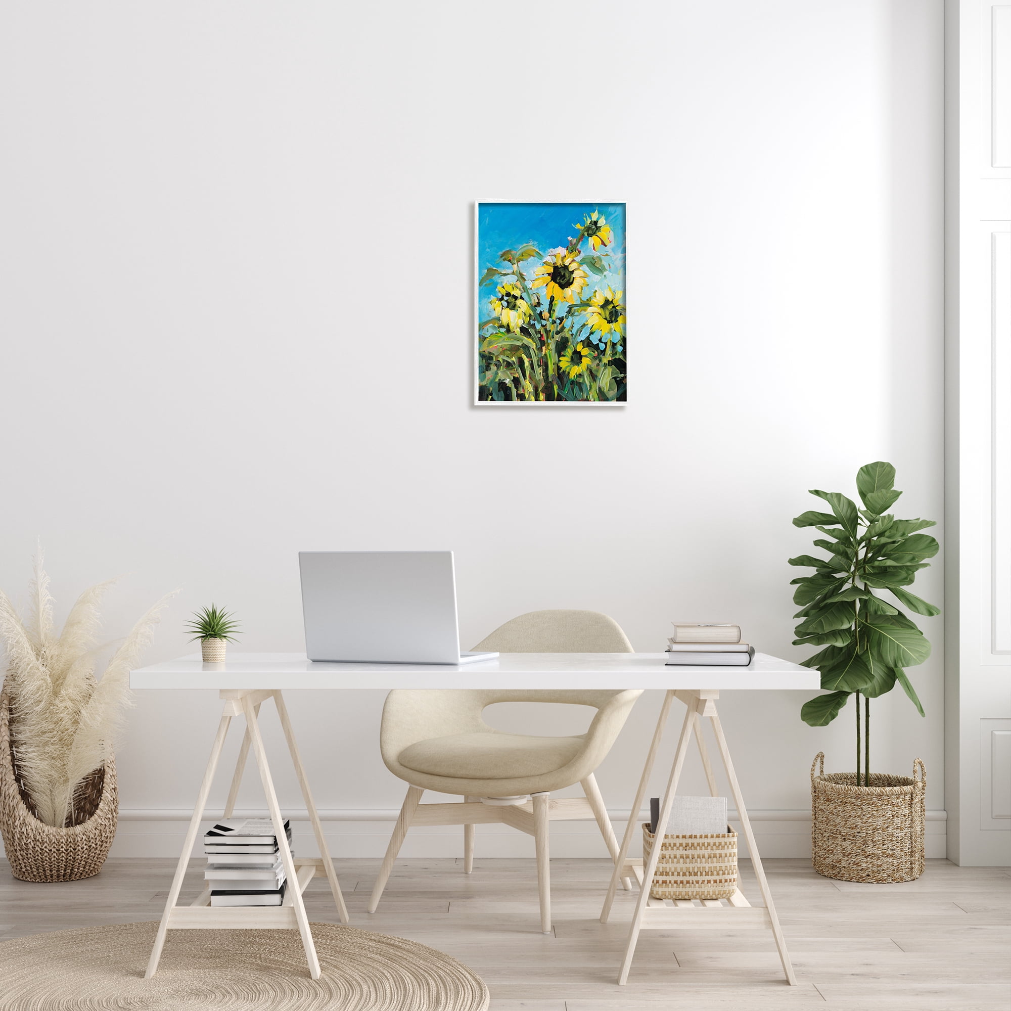 Stupell Industries Summer Sky Sunflower Field Contemporary Farm Florals Floral & Botanical Painting White Framed Art Print Wall Art, 20 x 16