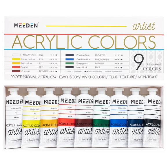 MEEDEN Professional Acrylic Paint Set, Artist Grade, Heavy Body, Art Supplies for Canvas Painting, 9 Colors/Tubes (2 oz, 60 ml)
