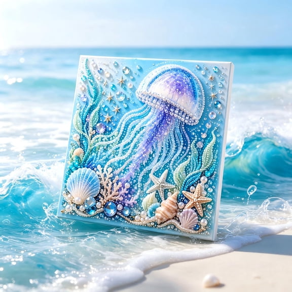 Diamond Art Canvas Kit, Craft Kit for Adults, Art Kit for Student, Beach Canvas Wall Art, Full Drill Ocean Themed Pearl Painting Set with Special Shaped Gems for Handcraft