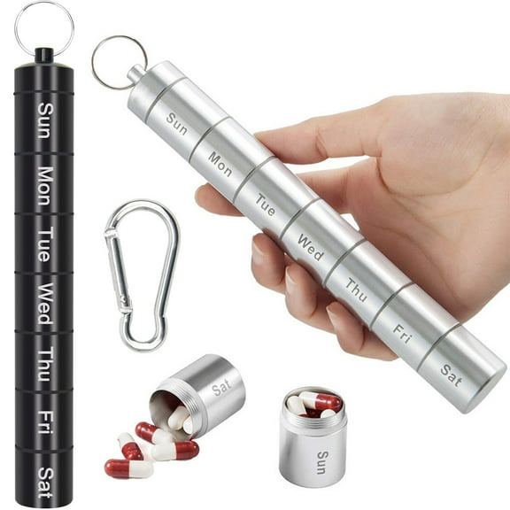 Waterproof Pill Box 7 Day, Aluminum Alloy Pill Small Container Medicine Box Organizer with Carabiner Ideal for Travelling Outdoor Activities(Silver)