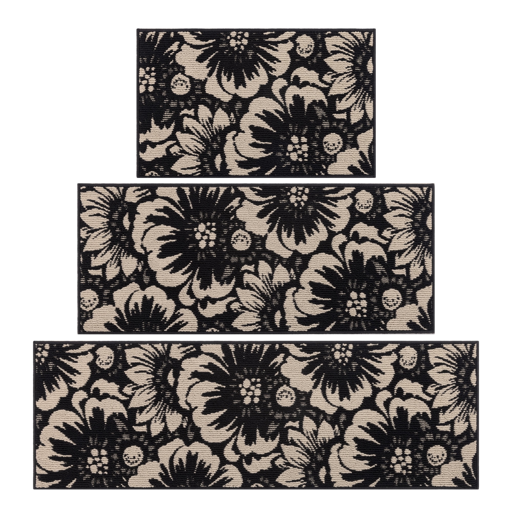 MeyJey Kitchen Rug Set 3 Piece, Non Slip Machine Washable Mats for Home Floor and Living Room, Black