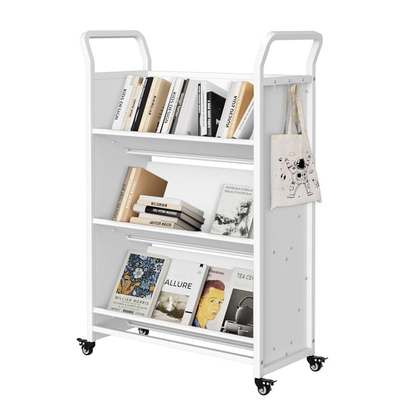 Studyset Heavy-Duty Rolling Book Cart Organizer, 3-Tier Metal Rolling Storage Cart, Single-Sided V-Shaped Mobile Bookshelf with Locking Casters, Perfect for Office, School, or Home Storage