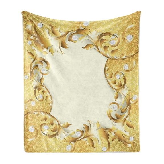 Pearls Soft Flannel Fleece Throw Blanket, Illustration of a Frame Ornaments and Stones Baroque Style Floral Patterns, Cozy Plush for Indoor and Outdoor Use, 50" x 60", Cream Yellow, by Ambesonne