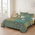 thumbnail image 2 of Quilts Twin XL Size Bedding Set, Teal Yellow Boho Lightweight Quilted Comforter, Bohemian Geometric Flowers Plaid Soft Reversible Bedspread Coverlet with Pillow Covers for All Season, 68" x 98", 2 of 9