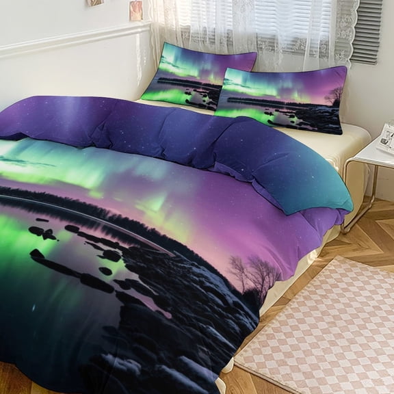 Duvet Cover Queen Size Aurora Starry Sky 3 Pcs Duvet Cover Set Bedding Sets Queen Soft Breathable