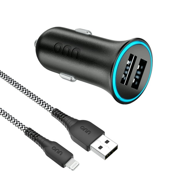 onn 24W Dual USB-A Port Car Charger With 3ft A-Lighting Cable, MFI Certified, Black - Compatible with iPhone 14/13/12/11/X/XR/XS/8/7/6/5, iPad, Airpods and more