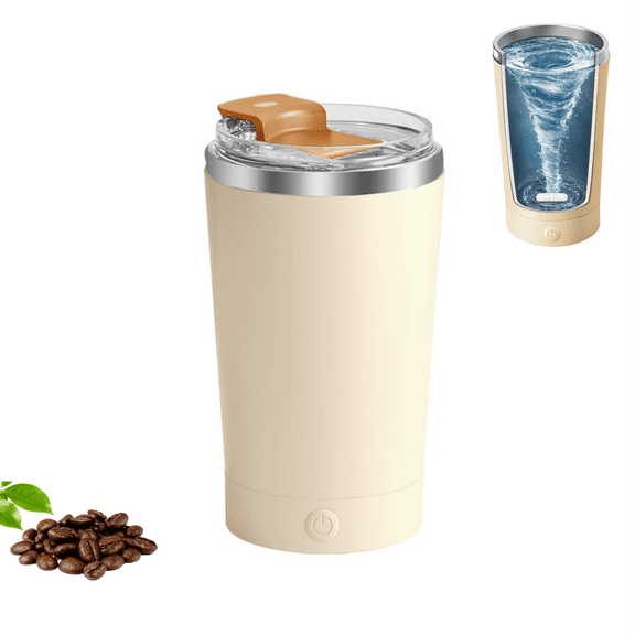 Nordwen Electric Self Stirring Coffee Mug with Lid, 12oz Stainless Steel Portable Auto Stirring Cup, Rechargeable Battery for Home Office,Brown