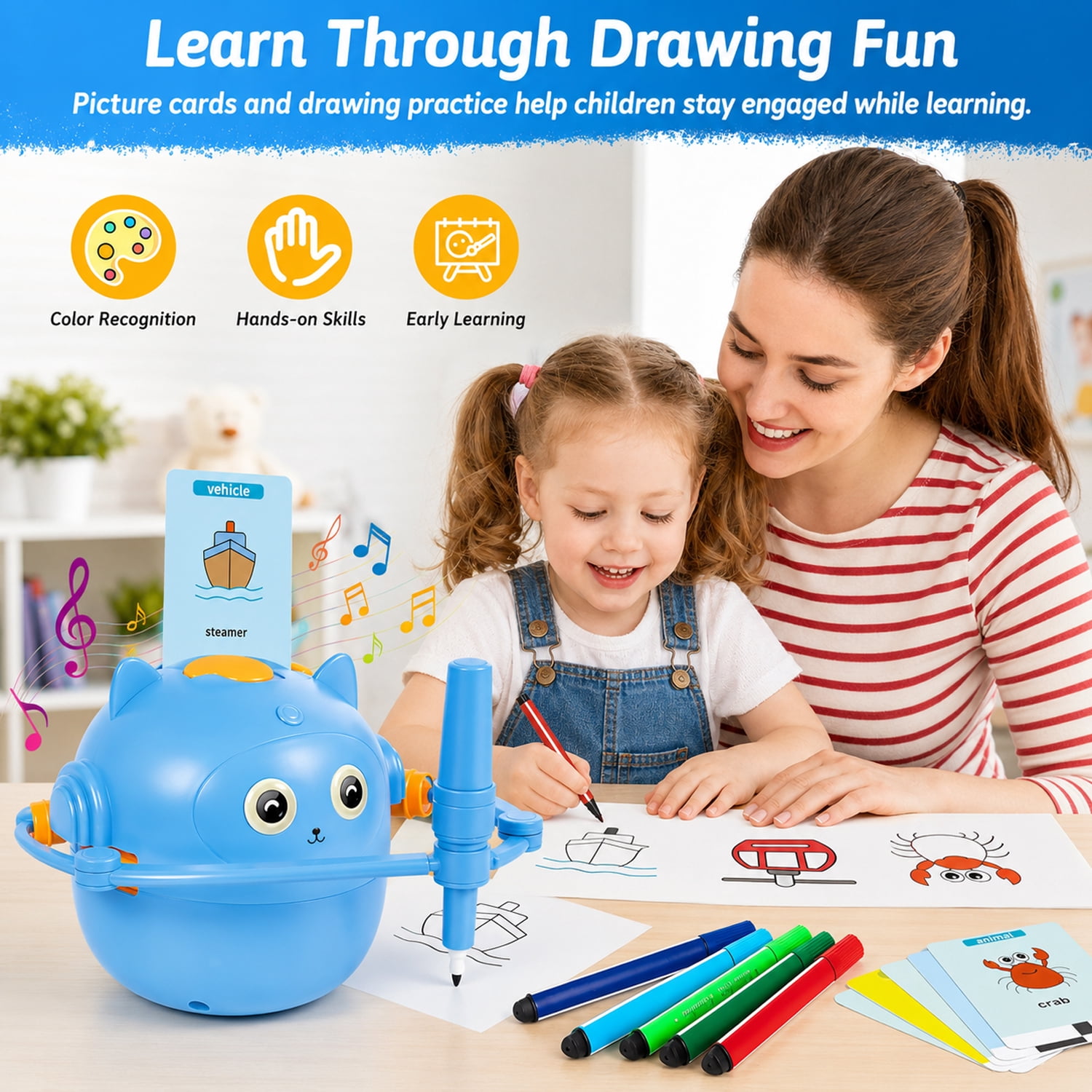 Drawing Robot for Kids, Interactive Educational Drawing Robot with Voice Interaction, Magic Painting Robot Toy with 100 Word Cards & 16 Color Pens for Girls and Boys Age 3+ (Blue)