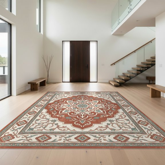Design&I 8'x10' Washable Area Rug Sleek Flatweave Pet Friendly Vintage Boho Featuring Muted Tones Balanced Geometric Kilim for King Size Bedroom, Under Bed