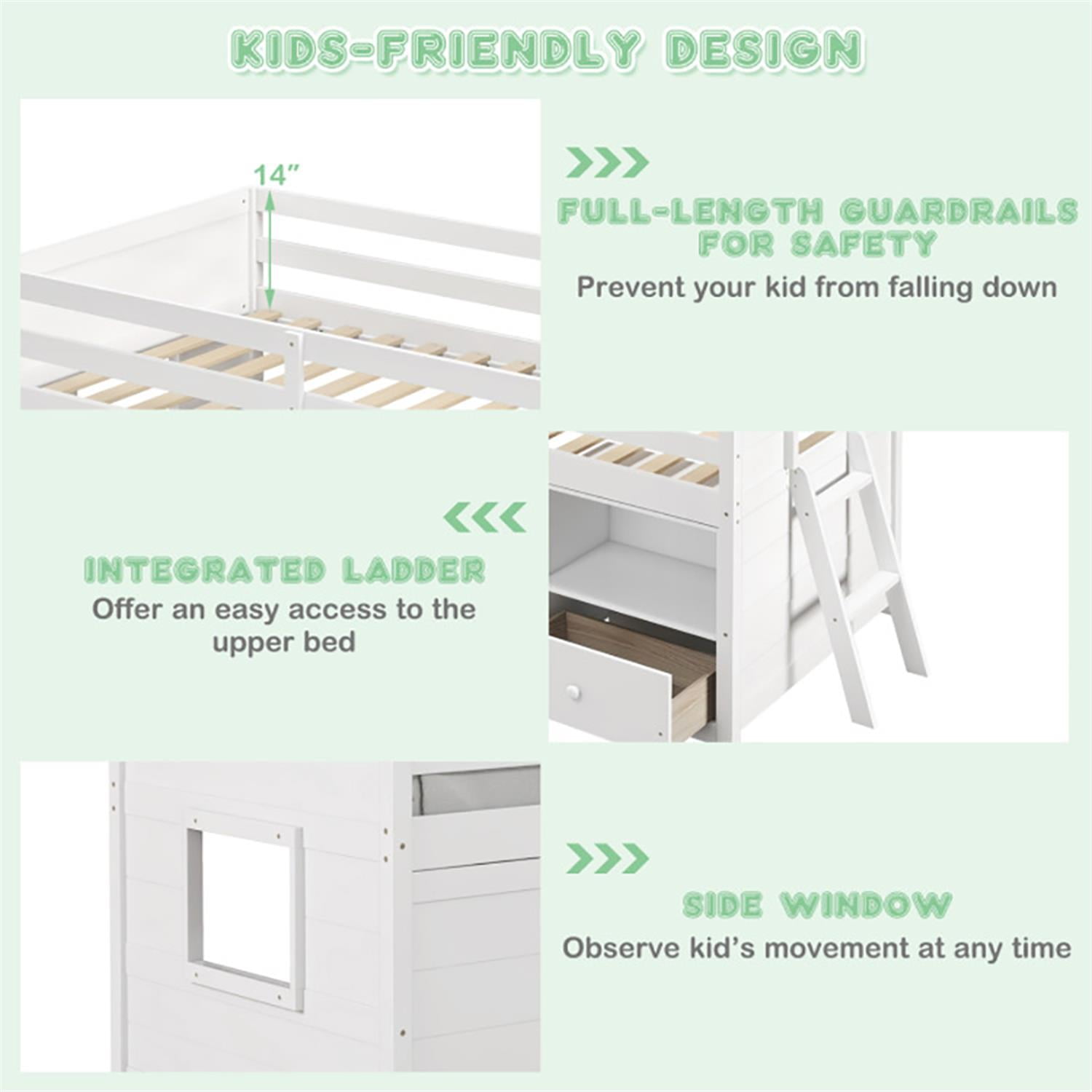 Demi Bonn Twin Size Solid Wood Low Loft Bed with Storage and Drawer for Teens, White