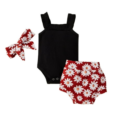 

QIPOPIQ Girls Outfits Clearance Infant Baby Girls Sleeveless Ruffles Romper Bodysuit+Floral Shorts Outfits