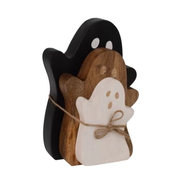 Stacked Wooden Ghost Tabletop Signs, Halloween Wood Ghost Figurines with Twine Tie, Farmhouse Halloween Tiered Tray Mantel Shelf Indoor Home Decor, Seasonal Ornament Gift