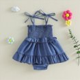 thumbnail image 5 of TAmten 3 Month Baby Girl Clothes Denim Romper Dress Baby Summer Outfits Sleeveless Tie Up Shoulder Smocked Ruffle Bodysuit(Blue,6-12 Months), 5 of 8