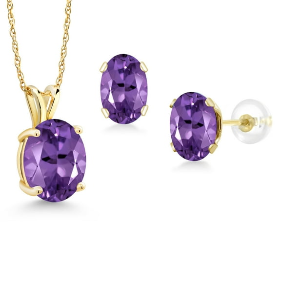 Gem Stone King 14K Yellow Gold Purple Amethyst Pendant and Earrings Jewelry Set for Women (4.60 Cttw, Oval 10X8MM and 8X6MM, Gemstone Birthstone, with 18 inch Chain)