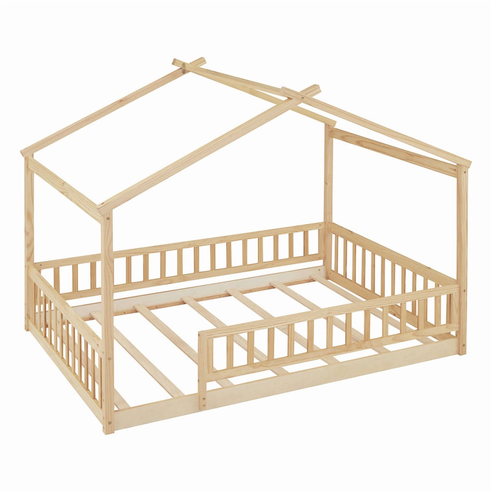 Full Size Wood House Bed with Fence and Roof Frame, Kids Floor Montessori Bed with Safety Guardrails, Sturdy Pinewood Playhouse Bed for Boys Girls