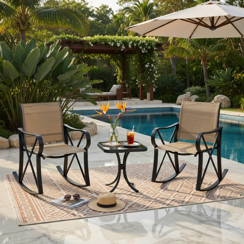 Hommoo 3-Piece Outdoor Rocking Patio Set, Metal Rocker Chairs with Tempered Glass Side Table, Ideal for Backyard, Porch & Balcony, Brown