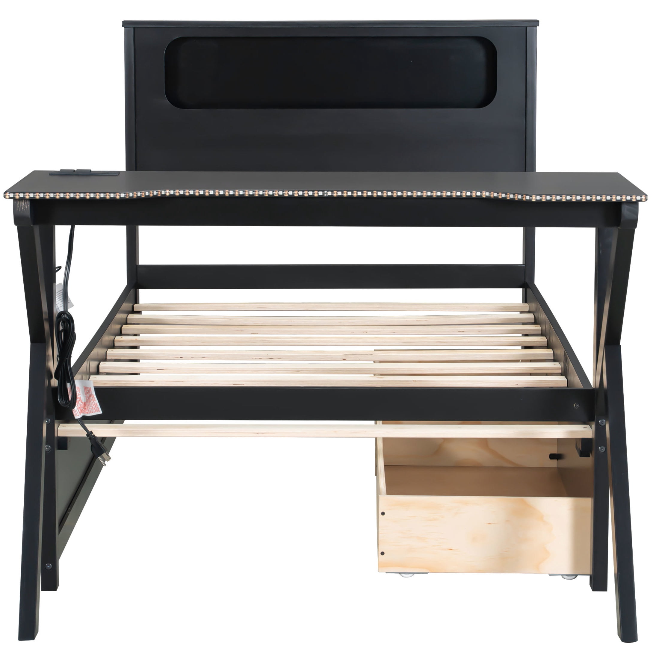 Noble House Twin Gaming Platform Bed, LED Headboard, and Built-in Desk with USB Charging and Storage Drawers, Black
