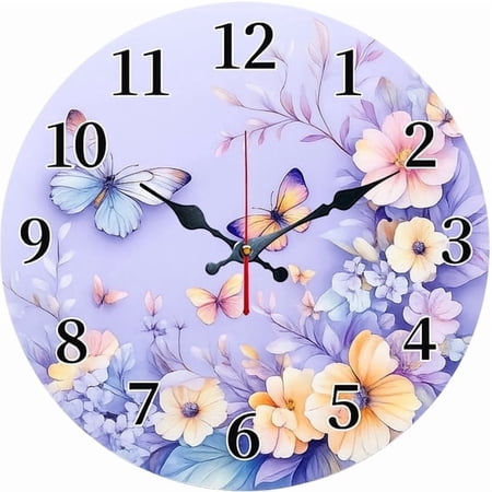 SBEMP10 Inch Silent Wall Clock, Purple Background Butterfly Flower Decorative Wall Clock, Battery Operated Non-Ticking Round Clock for Living Room Bedroom Floral Home Decor