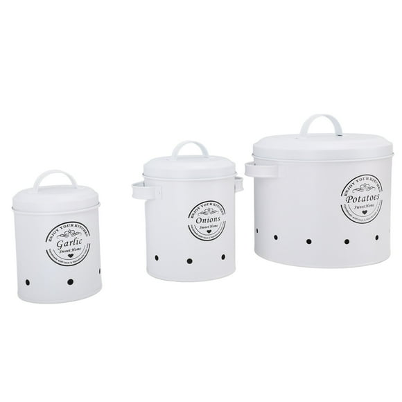 Canister Set, 3PCS Carbon Steel Large Capacity Kitchen Storage Bin Sealed Design Moisture and Odor Control Easy Access Onion Storage Bin with Aerating Holes for Kitchen Counter
