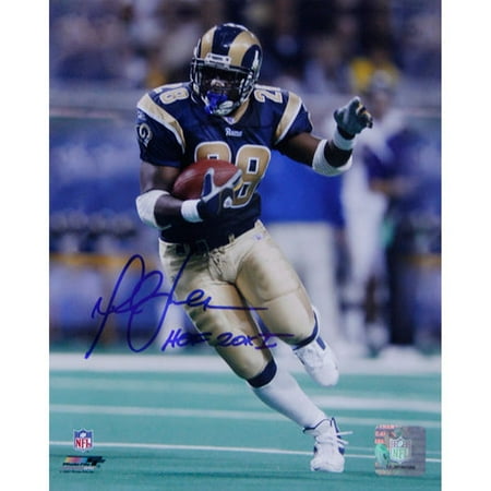 NFL - Marshall Faulk "HOF 20XI" Rams Rushing Head On Blue Jersey Vertical Autographed 16x20 Photograph