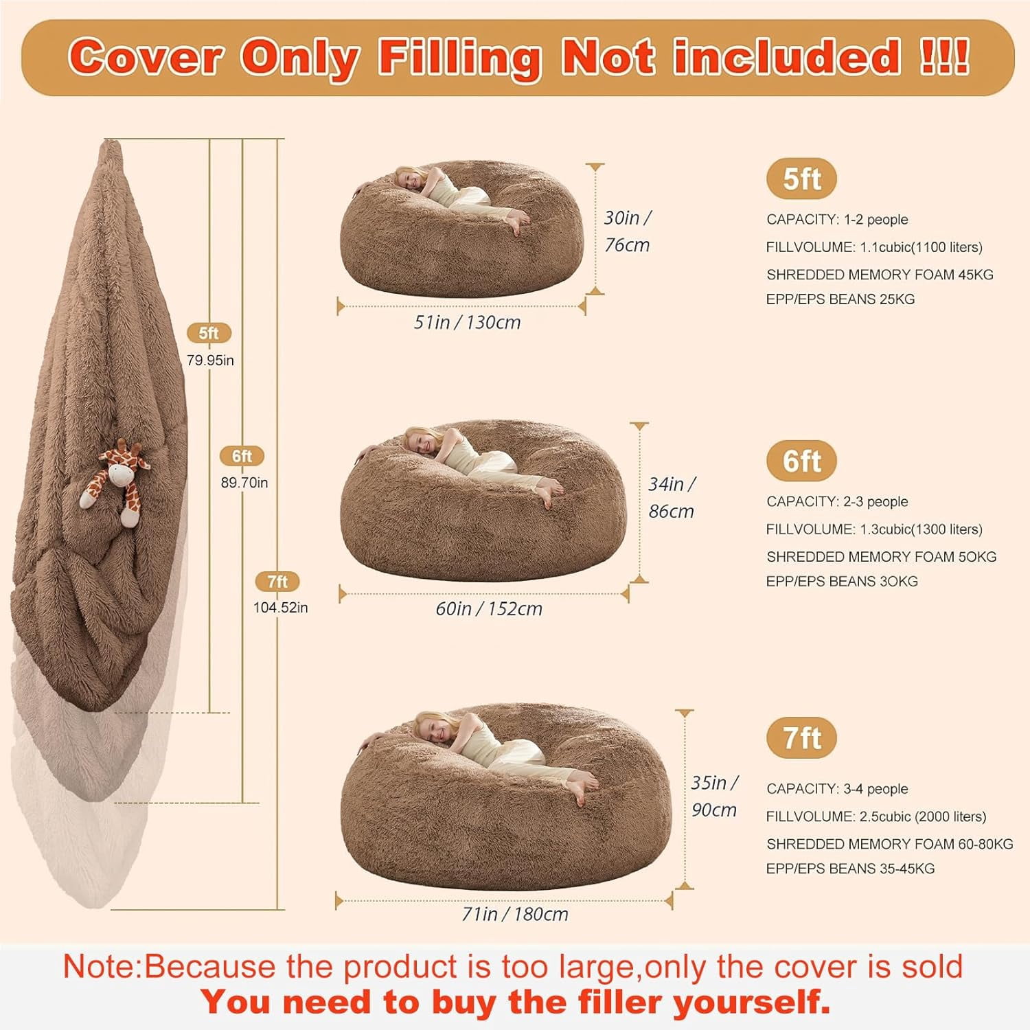 RAINBEAN Large Bean Bag Chair Cover, Plush Bean Bags Chairs Cover Only Without Filler Included, Beanbag Chairs for Adults, Teens, Kids, Brown 5FT