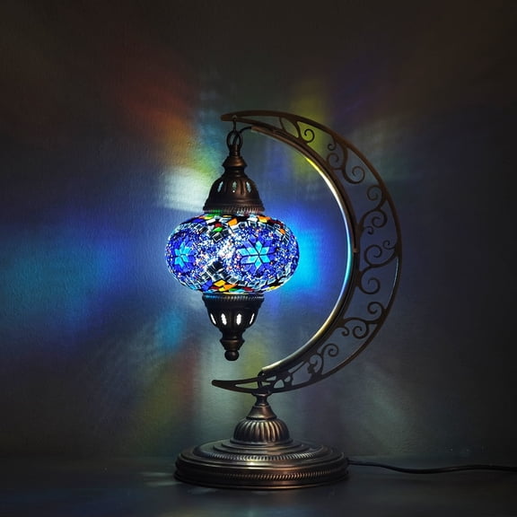 Asylove Turkish Moon Lamp - Mosaic Moroccan Table & Floor Light, Authentic Meditation Lamp - Total Dim. 7.5 x 11 x 18 inches (Blue)