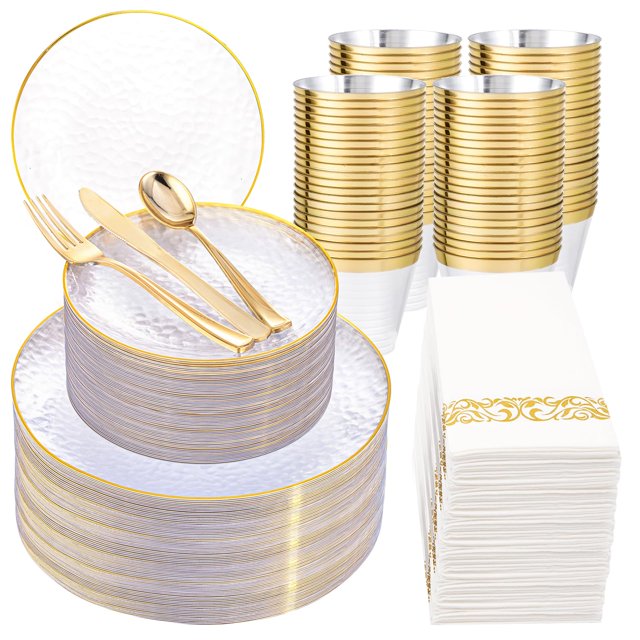 Juego de platos de plástico Rubtlamp Clear-Gold 350 piezas para fiestas