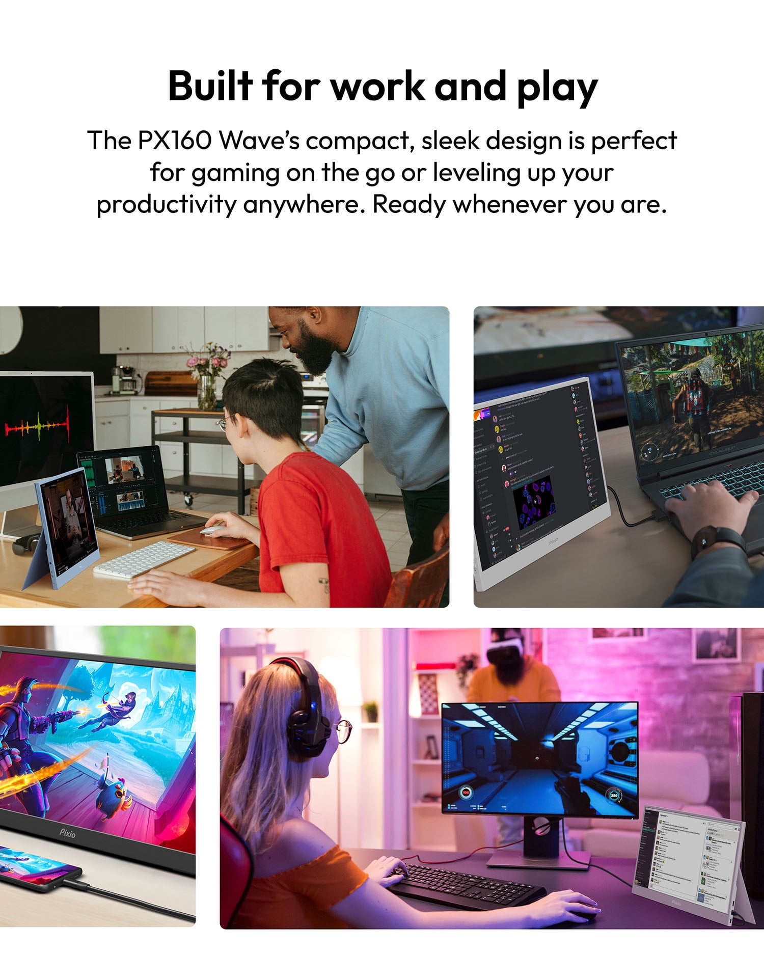 Pixio PX160 Wave Blue Portable Monitor 15.6 inch 60Hz Refresh Rate FHD 1080p Resolution IPS panel HDR Screen Cover Stand USB-C HDMI Display for Laptop, PC, Console, Phone