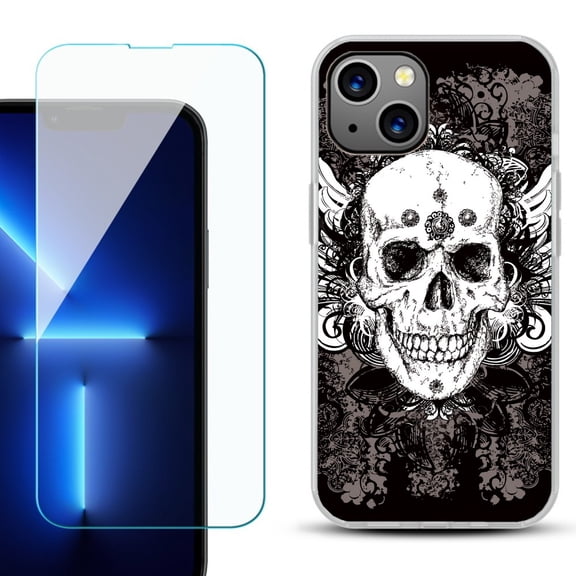 Slim-Fit Gel TPU Phone Case for iPhone 14, with Tempered Glass Screen Protector, by OneToughShield ® - Grunge Skull