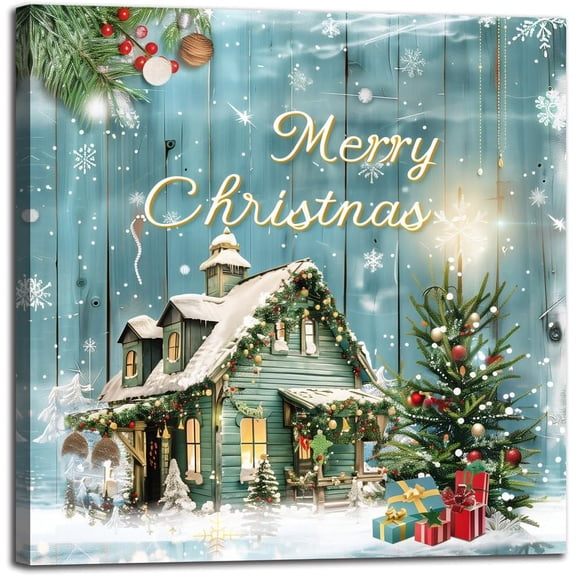 Christmas Tree Wall Art Decor Romantic Winter Snow Canvas Prints Poster Xmas Tree Painting Merry Christmas Sign for Home Garden Living Room Bedroom Bathroom Decoration Gifts 12x12inch