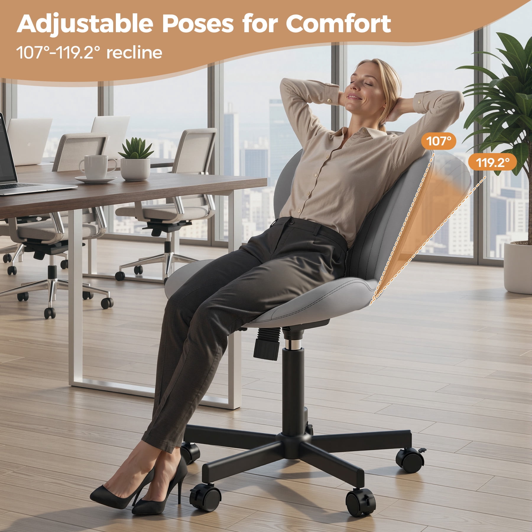 MOONMISS Mid Back PU Leather Desk Chair with Wheels,Armless Adjustable Swivel Vanity Chair for Bedroom Home Office Living Room,Gray