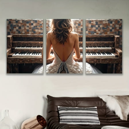 3pcs Frameless Canvas Wall Art - Elegant Woman Sitting at Piano, Spray-Painted Vertical Art Deco Style, Modern Home Decor for Living Room, Office, Kitchen, Bar - Perfect Birthday, Holiday, Party Gif