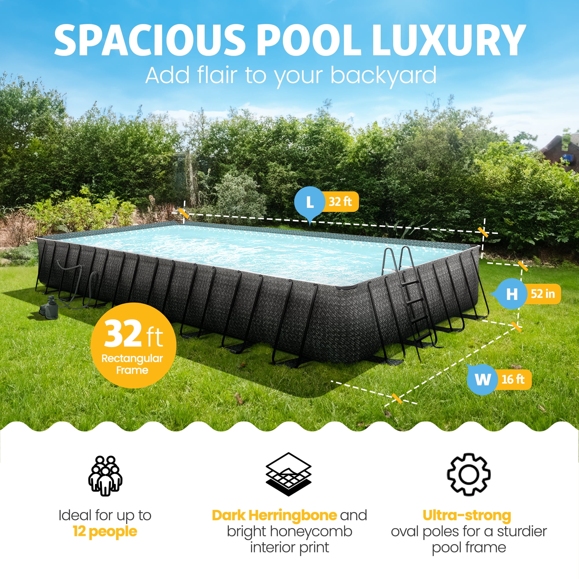 Funsicle 32' x 16' x 52" Oasis Designer Rectangular Above Ground Pool – Complete Set with Pump