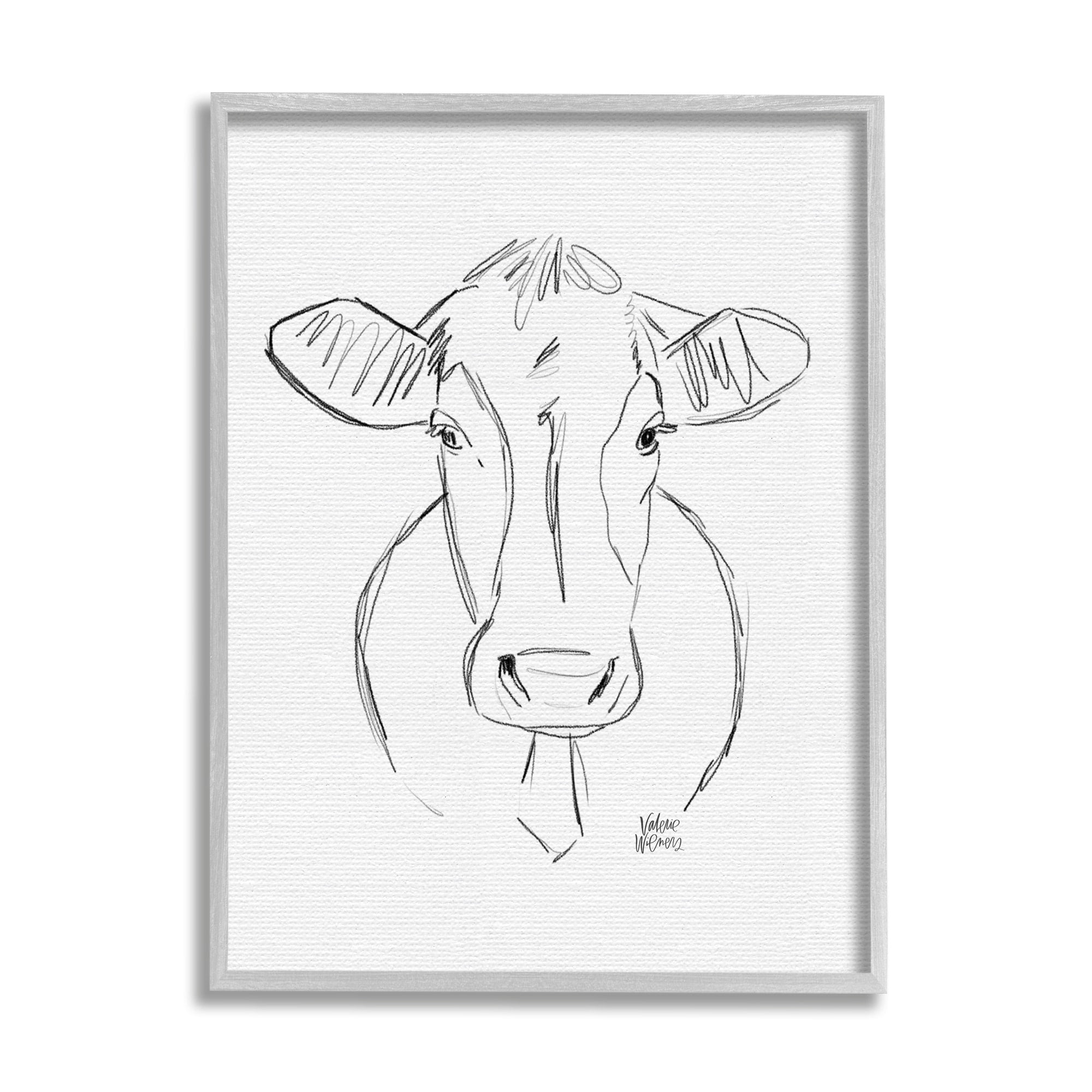 Stupell Industries Farm Cattle Cow Pencil Sketch Drawing Portrait Drawing Print Gray Framed Art Print Wall Art, Design by Valerie Wieners