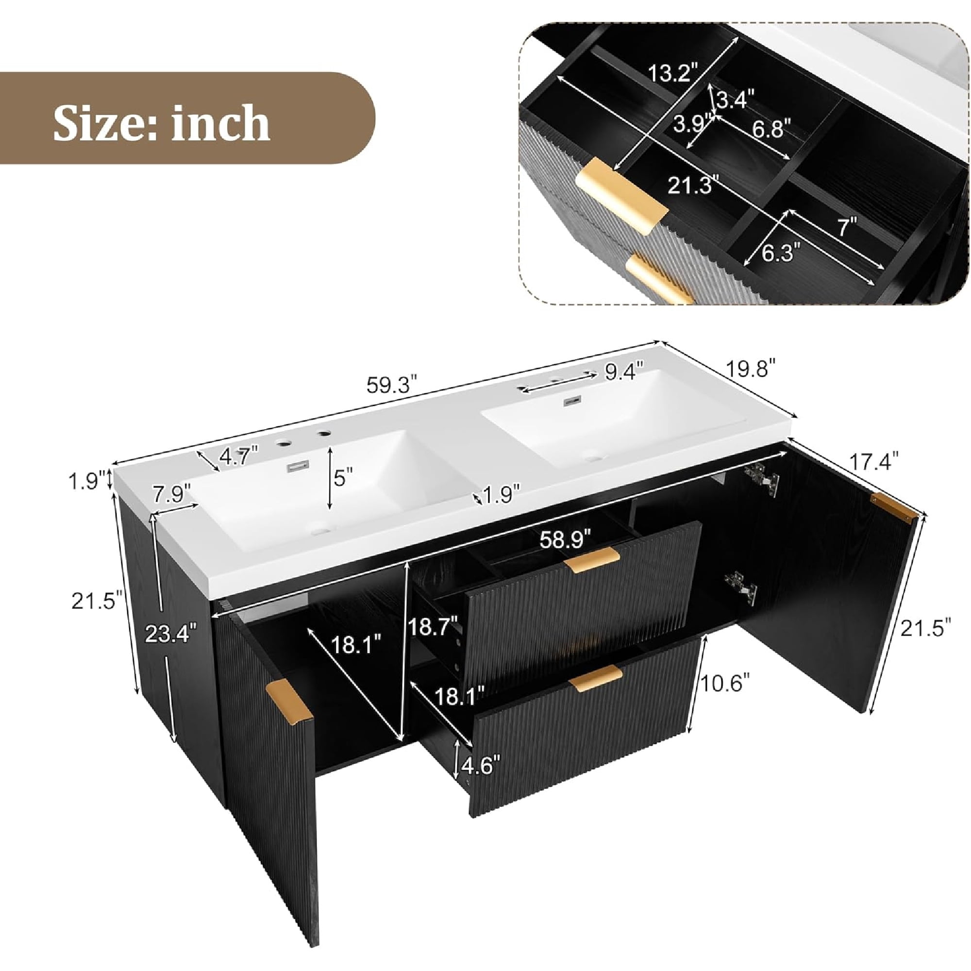 60" Bathroom Vanity with Sink Combo, Floating Double Sink Bathroom Vanity with 4 Drawer, MDF Storage Cabinet with SMC Resin Top, Wall-Mounted Bathroom Vanities (60''-Black)