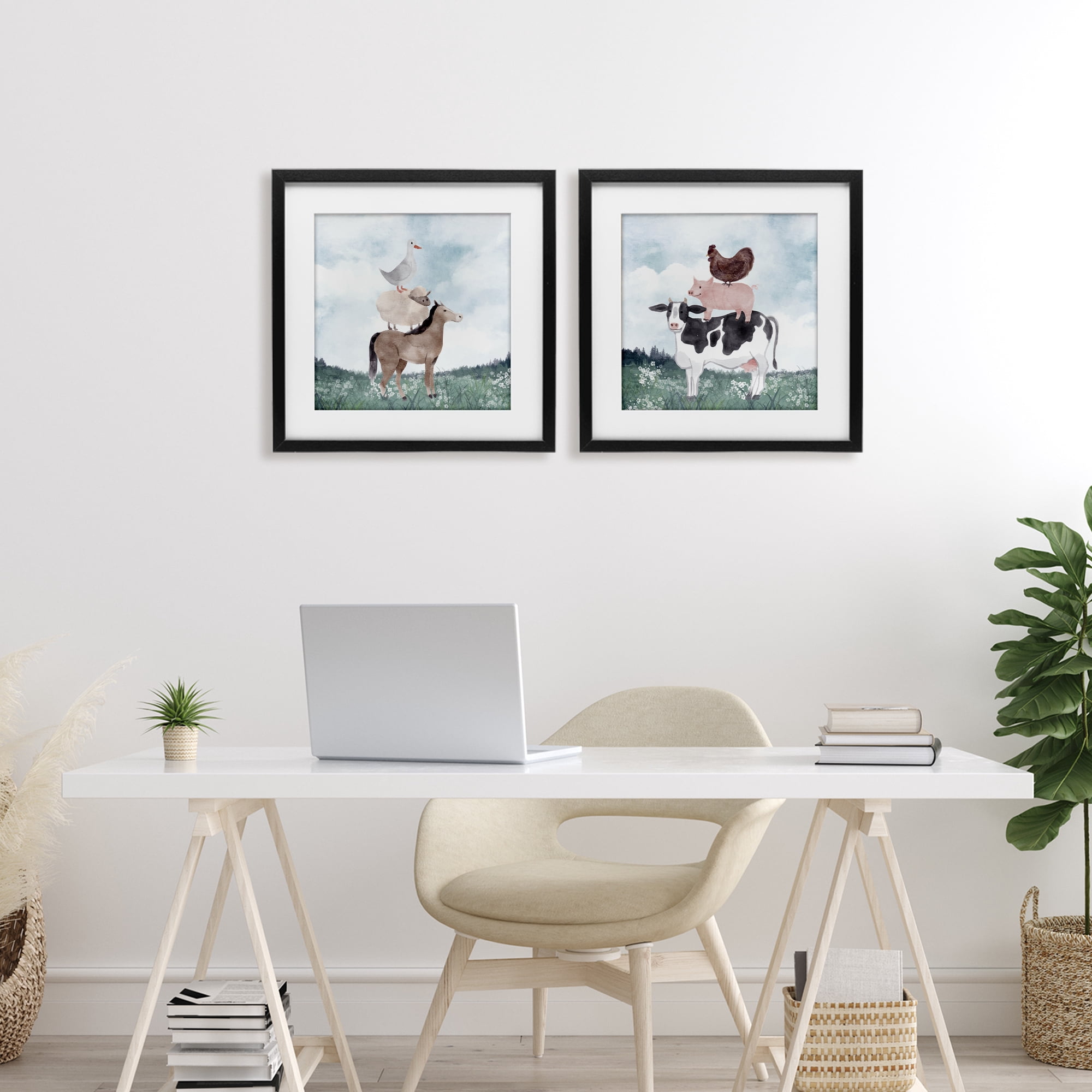 Stupell Industries Stacked Animals Blue Sky Farm 2 Piece Black Framed Print Under Glass Set, design by Kim Allen