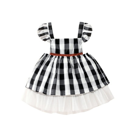 

Thaisu Toddler Baby Girl Suspender Skirt Cute Ruffle Strap Plaid Print Tulle Hem Overall Dress