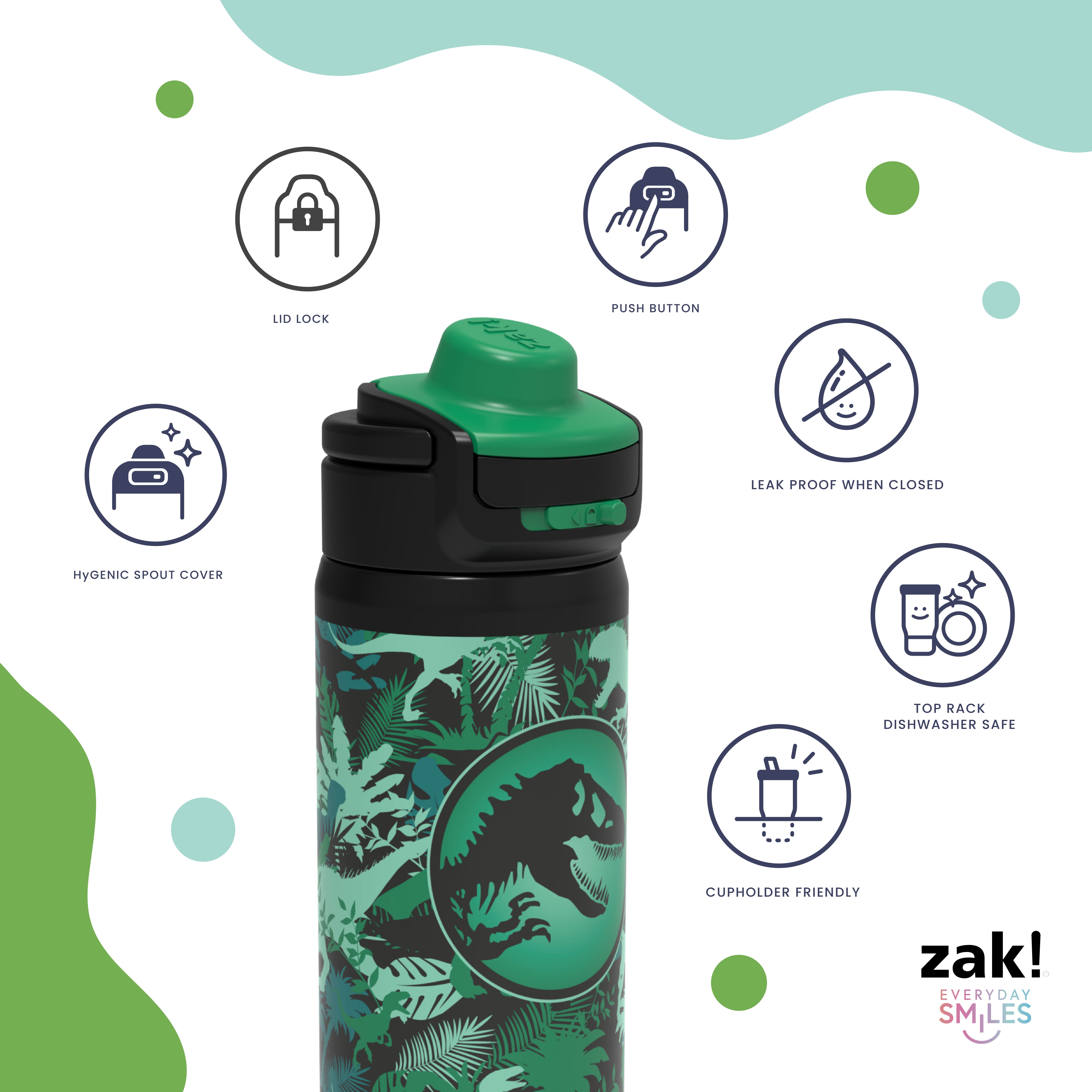 Zak Designs 14oz Jurassic Stainless Steel Lincoln Water Bottle with Carry Handle and Push Button Lid with Lock