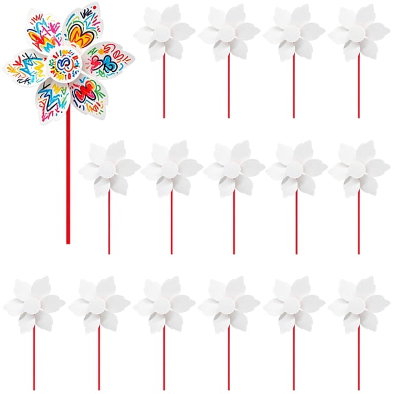 18 Pcs Blank DIY Leaf-Shaped Pinwheels for Painting, White Paper Craft Kit, Plastic Rods, Creative Hand-Painted Windmill Toy, Educational Activity, 8.65 x 13.36 in