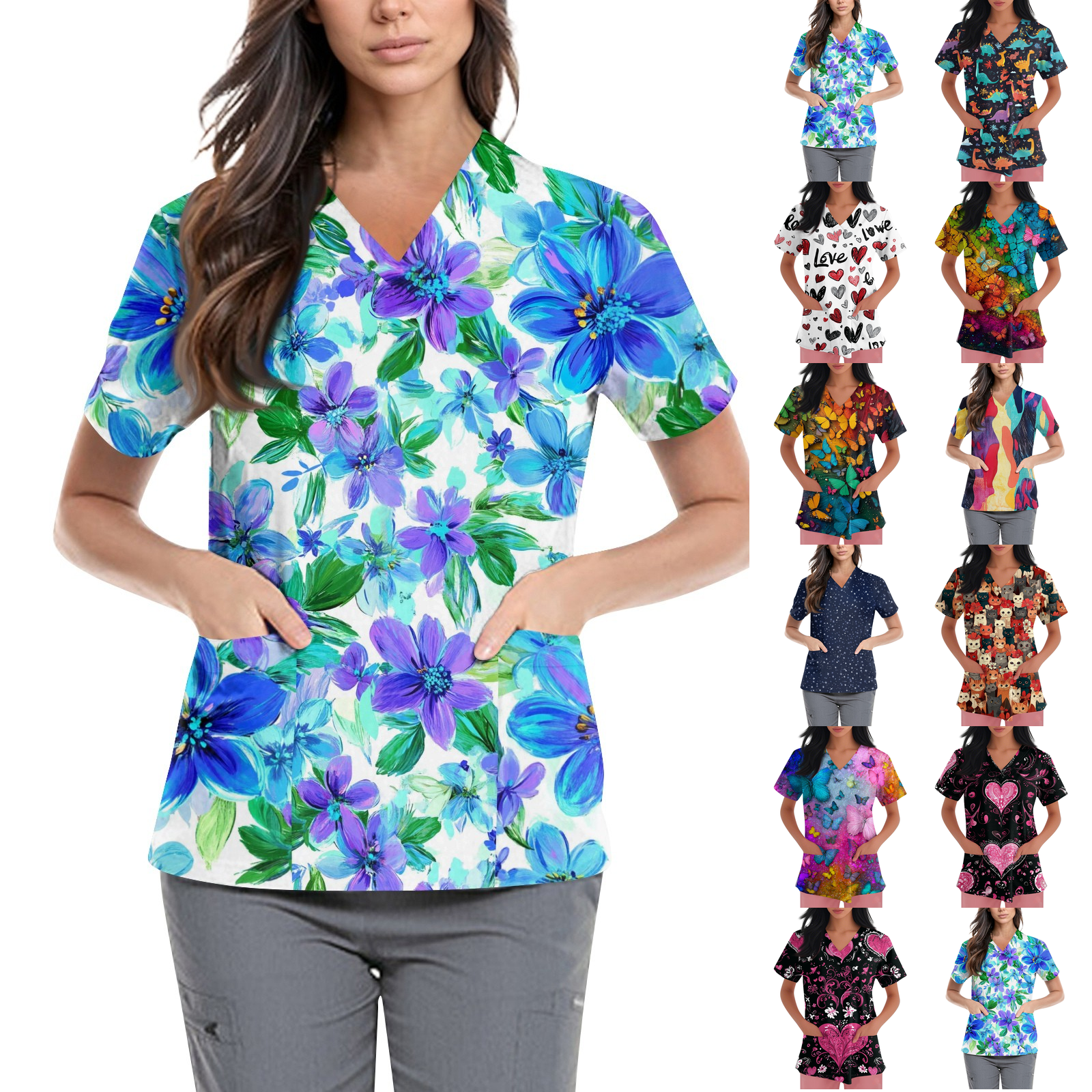 Scrubs for Women Printed V-Neck Scrub Top with Modern Classic Fit with 2 Pockets Green S
