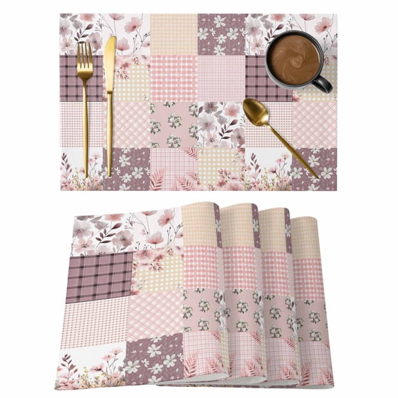 Bohemian Flower Patchwork Placemats Set of 1, Spring Vintage Pink Boho Floral Leaf Plaid Non-Slip Place Mats Washable Table Mats for Kitchen Dining Table Decorations Indoor/Outdoor