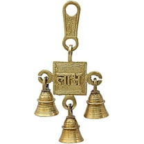 PARIJAT HANDICRAFT Brass Decorative Indian Style Fair Trade Wall Hanging Brass Bells Hanging Hindu God Ganesha and Goddess Laxmi Ji Statue Engraved for Luck Home Temple Use (3-Bells-Labh)